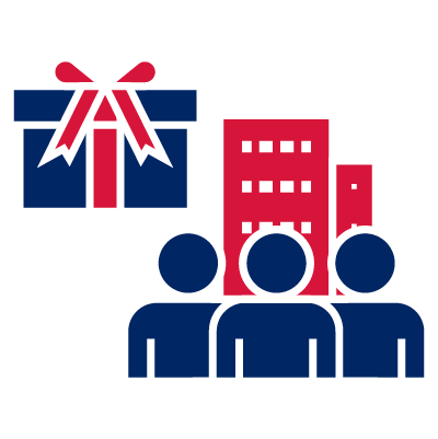 A pictogram of people near a building, with a gift